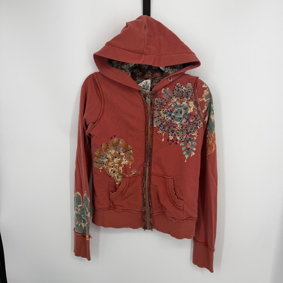 Miss Me Sweaters - Miss Me Y2K Hoodie Size rust coral orange full zip M embroidered floral glitter